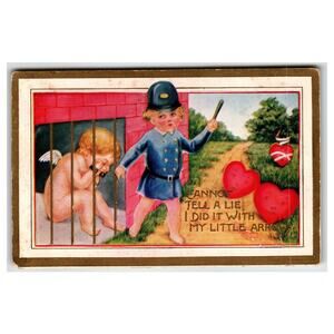 Early 1900s Humorous Valentine Postcard Cupid in Jail Police Officer Embossed